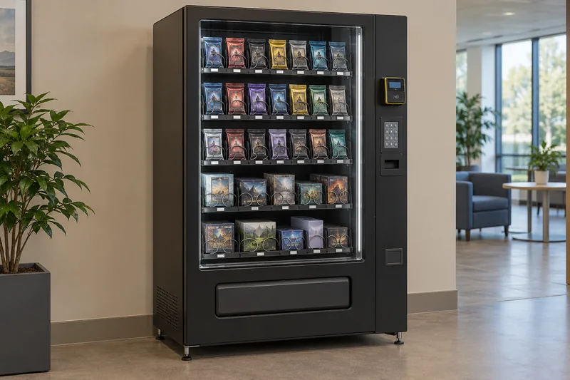 Illustration of trading card vending; not a confirmed supplier model