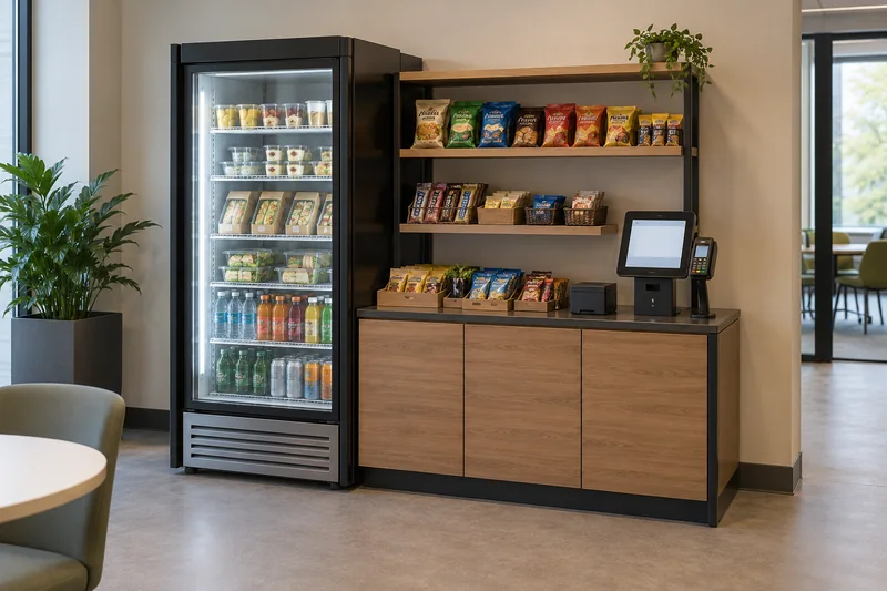 Illustration of an unattended workplace micro-market with a fridge, snack shelves and self-checkout