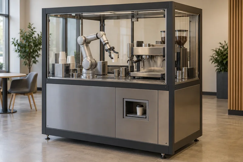 Illustration of robotic barista coffee kiosks; not a confirmed supplier model